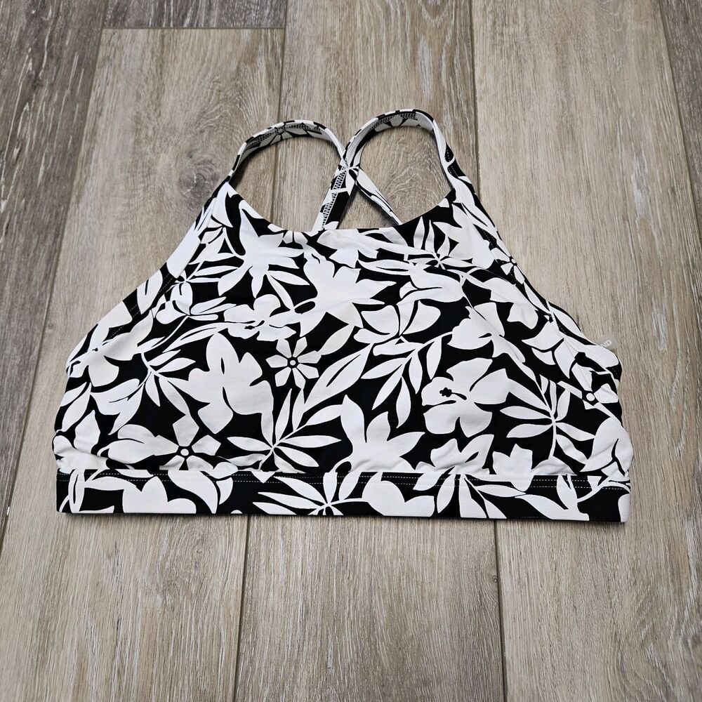 Lands End Swim Top Criss Cross X Back Black White Havana Floral Women's 6 D Cup